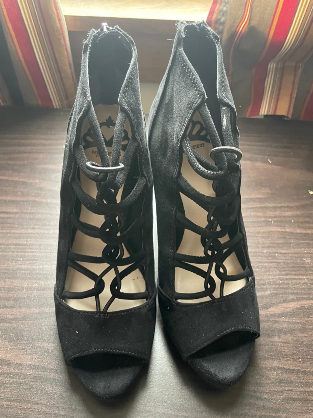 Fergalicious black suede peep toe laced up heels size 6.5